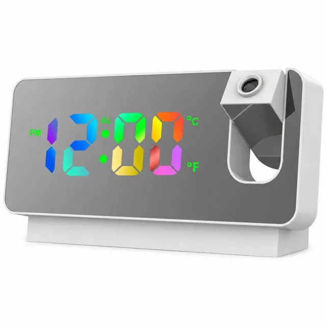 SWGOTA Oplaadbare digitale LED-wekker met kleurendisplay, spiegelvoorzijde en witte behuizing, inclusief USB-laadkabel