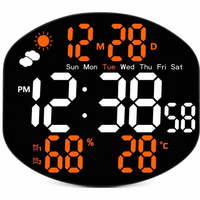 SWGOTA wekker met led-display - Tijd met seconden, datum, weekdag, temperatuur en luchtvochtigheid - Wit en oranje