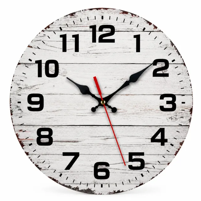 SWGOTA Stille ronde MDF wandklok 14 inch met witte houtlook, grote zwarte cijfers en rode secondewijzer voor woonkamer en slaapkamer