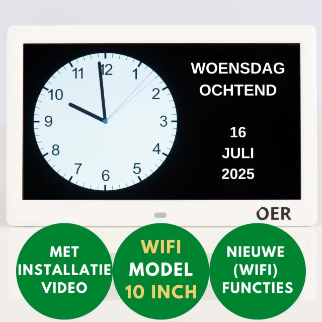 OER Dementieklok - Groot Scherm (10 Inch) - Kalenderklok voor Senioren - Automatische Wissel Zomer en Wintertijd - Digitaal & Analoog - Schrijf Eigen Meldingen/Alarmen - Extra Wifi Functies - Wit