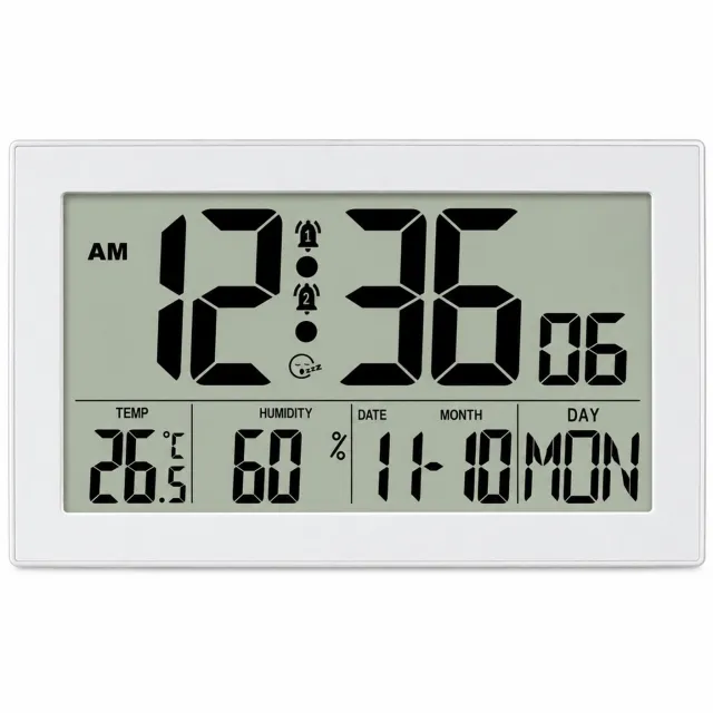 SWGOTA wekker met LCD-display - Temperatuur, luchtvochtigheid en kalender - Wit, zonder achtergrondverlichting - Batterijvoeding, wandmodel
