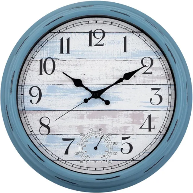BOG 16 Inch Grote Binnen Buiten Wandklok - Waterdichte Klok Met Thermometer - Weerbestendig Non-Ticking Batterij-Aangedreven Decoratieve Klok Voor Patio Zwembad Balkon Tuin Badkamer - Blauw