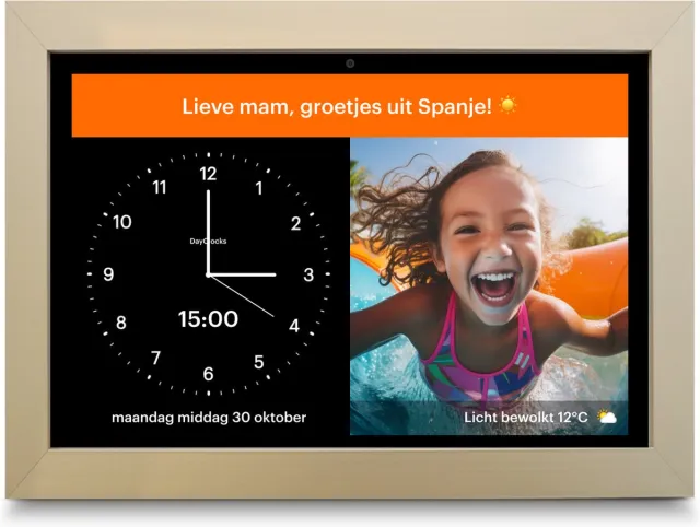 Dayclocks Vanaf 2026 vernieuwd: DayClock Generations10 Zwart met Gouden Lijst; Dementieklok / Seniorenklok met verbeterd en onbeperkt beeldbellen, YouTube-video's, foto's, berichten en meer (met 3 maanden gratis abonnement)