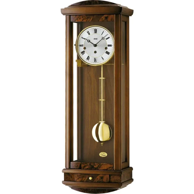 AMS noten houten regulateur met mechanisch uurwerk en Westminster speelwerk (wortel) noten