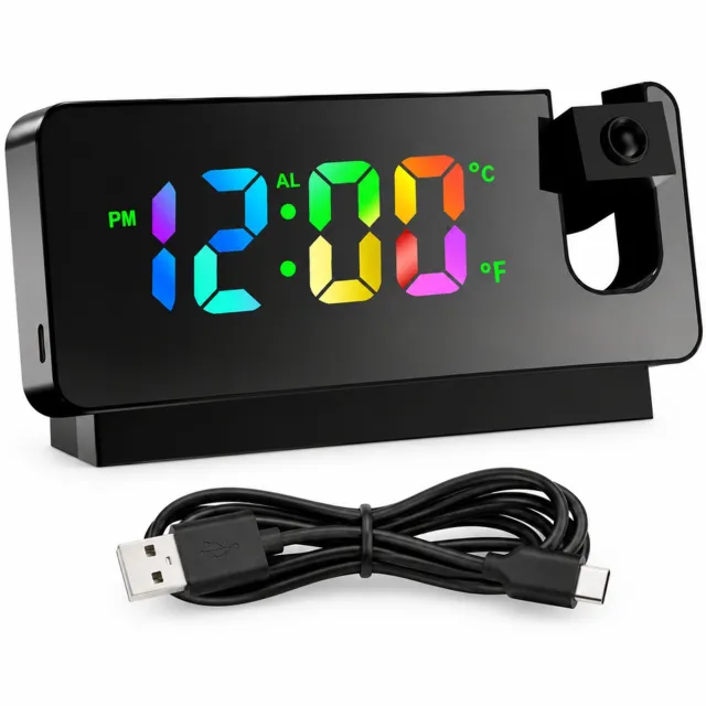 SWGOTA Oplaadbare digitale LED-wekker zwart met kleurendisplay, spiegelfront, projectielens en voet - inclusief USB-laadkabel, handleiding en beschermzakje