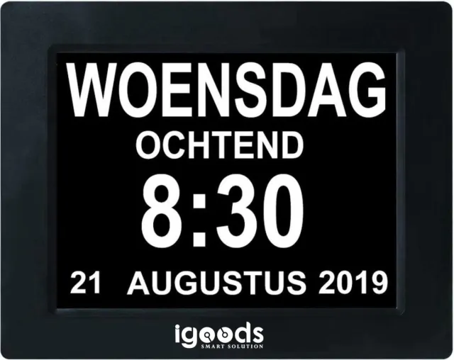 Igoods Dementieklok Inclusief Fotoframe - Digitale Klok - Kalenderklok - 8 Talen - Zwart