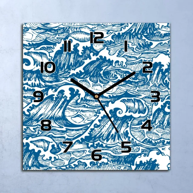 Coloray Wandklok - Stormgolven Glazen Klok - 30x30 cm - Blauw Wandklok - Wandklok Vierkant - Wandklok Industrieel - Wandklok Keuken - Stille Wandklok Blauw - Stormgolven - Zwarte Handen