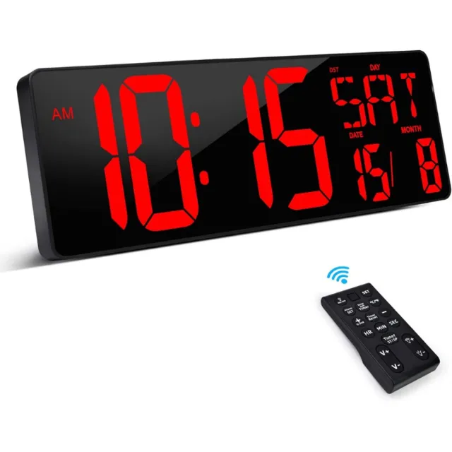 Xrexs Digitale LED Wandklok Met Afstandsbediening - 40.6 CM 16.5 Inch Groot Display - Wekker Met Instelbare Helderheid - Tijd Datum En Temperatuur Weergave ZWART