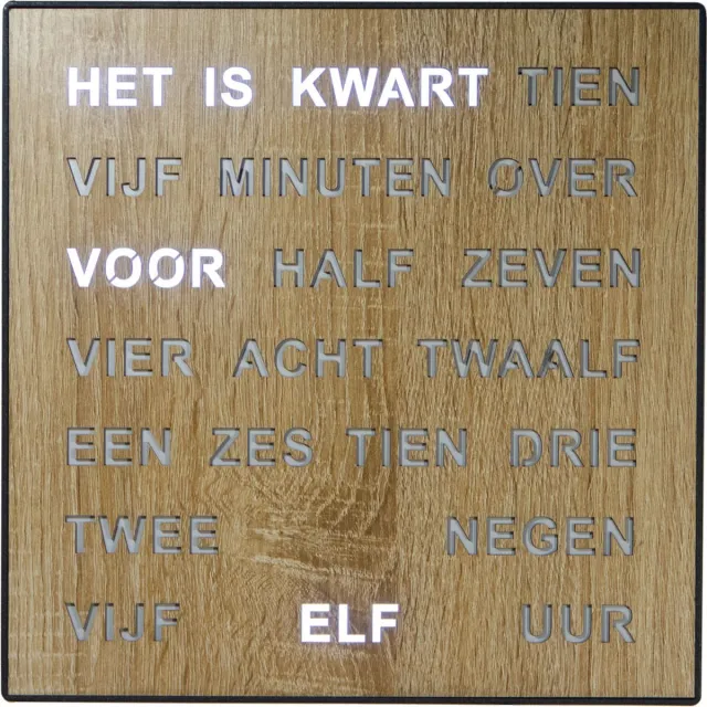Intertime Woordklok | Wandklok | Tafelklok | 28x28 | Hout | Nederlands hout/zwart